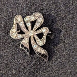 Marcasite Sterling Silver Bow Brooch Vintage 1" C Clasp Signed Sterling